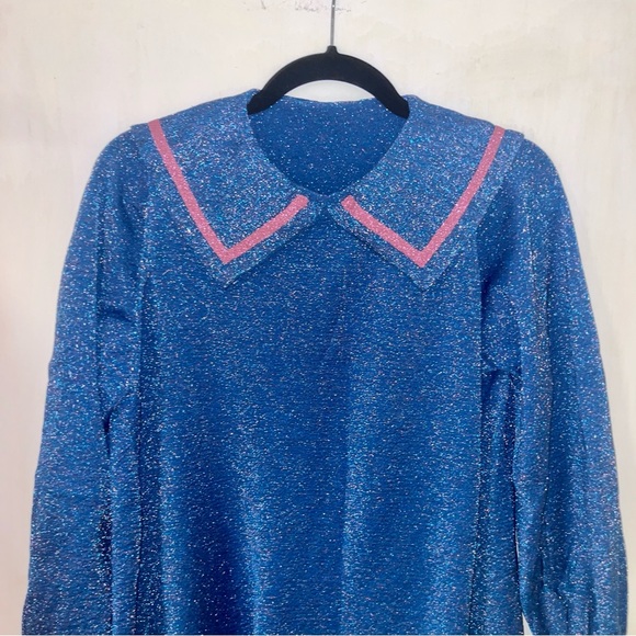 Cute blue sparkly sailor girl dress with pink collar - Picture 3 of 6